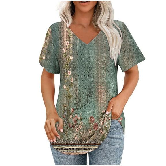 DecSea Womens Printed T Shirts V Neck Short Sleeve Casual Tops Loose Fit Basic Tees with Curved Hem