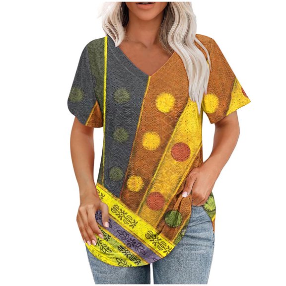 DecSea Womens Printed T Shirts V Neck Short Sleeve Casual Tops Loose Fit Basic Tees with Curved Hem