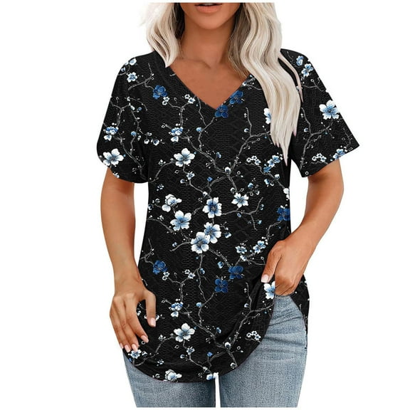 DecSea Womens Printed T Shirts V Neck Short Sleeve Casual Tops Loose Fit Basic Tees with Curved Hem