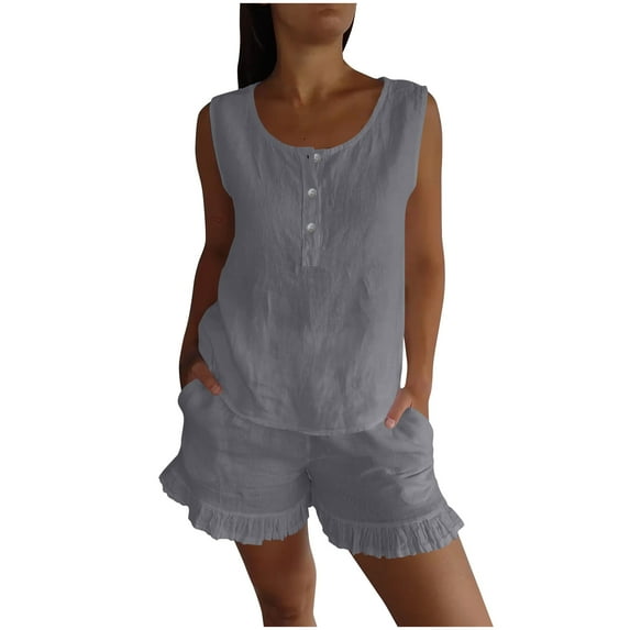 DecSea Womens Summer Cotton Linen Pant Sets Loose Button Up Tank Top Ruffle Shorts Loungewear Vacation Travel Outfits
