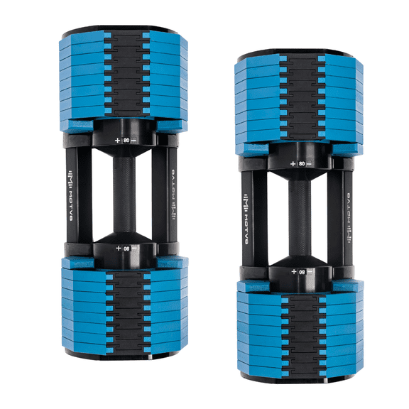 Decabell 580 Adjustable Dumbbells - Motv8 Decabell, 5lbs - 80lbs Adjustable Free Weight Dumbbells for Men and Women - Strength Training and Fitness (Electric Blue Pair)