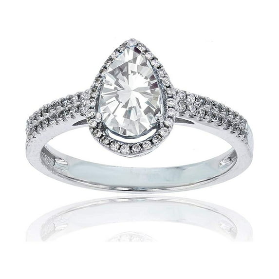 Decadence 10K White Gold 0.20 CTTW Round Diamond & 8x5mm Pear Cut Gemstone Halo Ring