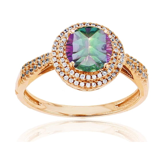 Decadence 10K Yellow Gold 0.15 CTTW Round Diamond & 7mm Round Gemstone Double Halo Ring