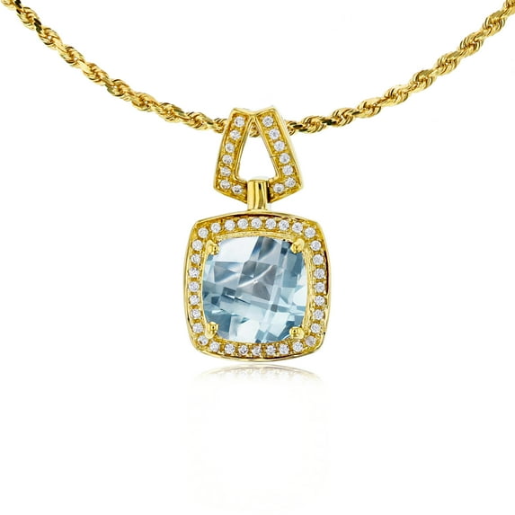Decadence 10K Yellow, White, Rose Gold 7mm Cushion Cut Natural Gemstone & 0.10 CTTW Diamond Halo 18" Rope Chain Necklace