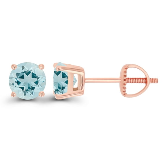 Decadence 14K Rose Gold Plated Sterling Silver 5mm Round Natural Aquamarine March Birthstone Screwback Stud Earrings