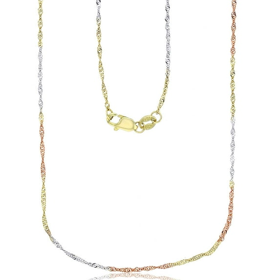 Decadence 14K Tricolor Gold 1.20mm Singapore Twist Chain with Lobster Claw Clasp | 16" Necklace | Italian Gold Necklaces | Gold Singapore Twist Necklaces for Men and Women