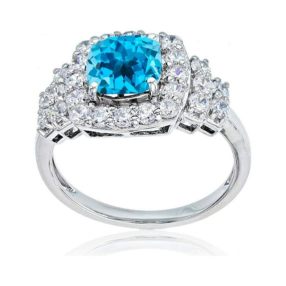 Decadence 14K White Gold 7mm Cushion Gemstone & Round White Topaz Ring