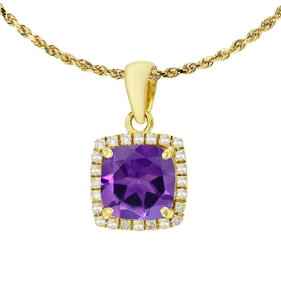 Decadence 14K Yellow Gold 7mm Cushion Gemstone & 0.12 CTTW Diamond Halo 18" Rope Chain Necklace