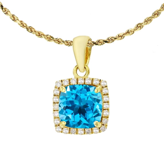 Decadence 14K Yellow Gold 7mm Cushion Gemstone & 0.12 CTTW Diamond Halo 18" Rope Chain Necklace
