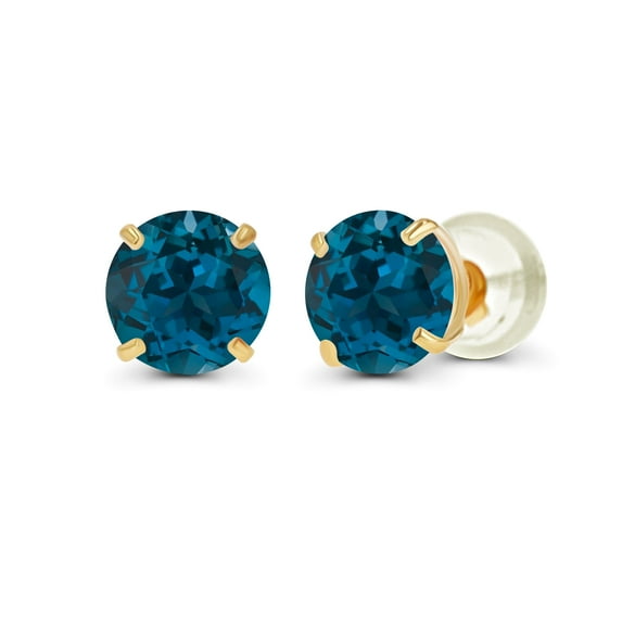 Decadence 14K Yellow Gold Plated Sterling Silver 4mm Round Natural London Blue Topaz December Birthstone Prong Set Stud Earrings For Women and Girls
