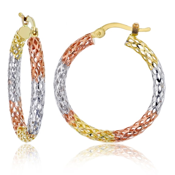 Decadence 14k Tri Color Gold Polished Diamond Cut Flat Hoop Earrings | 3mm Thick | Diamond Cut Style | Diamond Cut Hoop Earrings | Secure Click-Top | Shiny Polished Earrings, 3x25mm