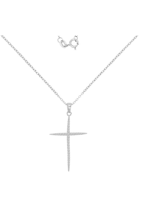 925 Sterling Silver 18" Cross Necklace For Women | AAA Cubic Zirconia Pave | 18 Inch Chain Made in Italy