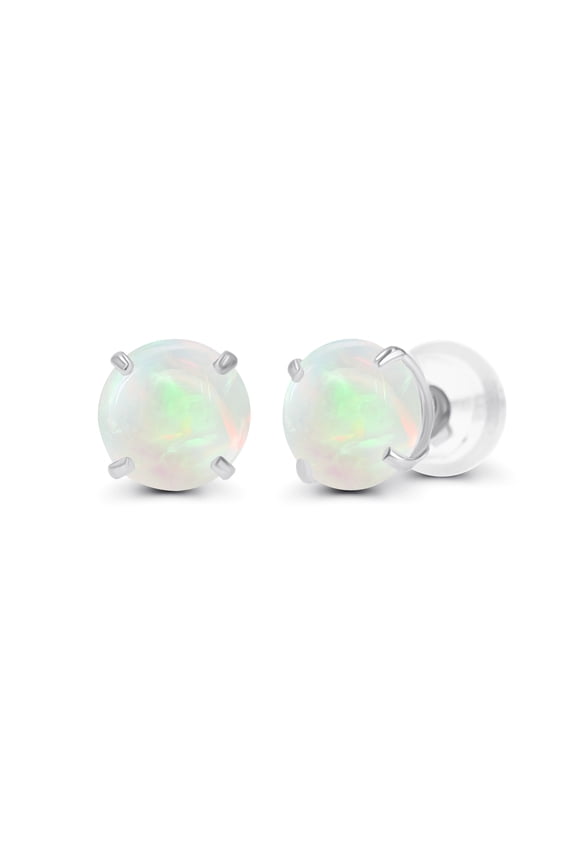 Genuine 10K Solid White Gold 4mm Round Natural Opal October Birthstone Stud Earrings