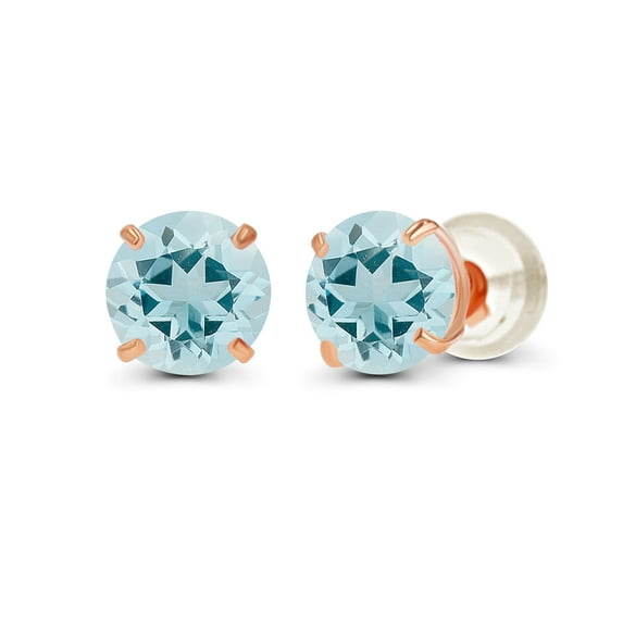 Decadence Genuine 14K Solid Rose Gold 6mm Round Natural Aquamarine March Birthstone Stud Earrings