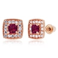 thumbnail image 1 of Decadence Solid 14K Rose Gold 3mm Square Created Red Ruby July Birthstone Screwback Stud Earrings For Women | 6x6mm Earrings | 1mm Created White Sapphire Halo Screwback Earrings For Women, 1 of 5