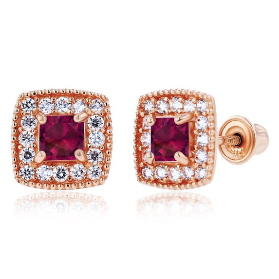 Decadence Solid 14K Rose Gold 3mm Square Created Red Ruby July Birthstone Screwback Stud Earrings For Women | 6x6mm Earrings | 1mm Created White Sapphire Halo Screwback Earrings For Women