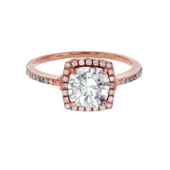 Decadence Solid 14K Rose Gold 7mm Cushion Genuine White Topaz April Birthstone & 0.20 CTTW Diamond Halo Ring | 14K Gold White Topaz Ring For Women, Size-5