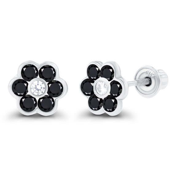 Decadence Solid 14K White Gold 1.75mm Natural Black Onyx December Birthstone Bezel Flower Screwback Earring