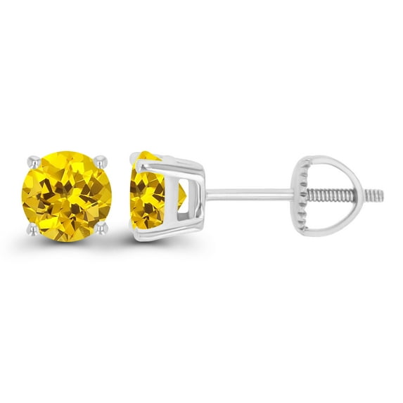 Decadence Solid 14K White Gold 5mm Round Created Yellow Sapphire Birthstone Screwback Stud Earrings