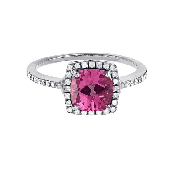 Decadence Solid 14K White Gold 7mm Cushion Genuine Pink Topaz October Birthstone & 0.20 CTTW Diamond Halo Ring | 14K Gold Pink Topaz Ring For Women, Size-9