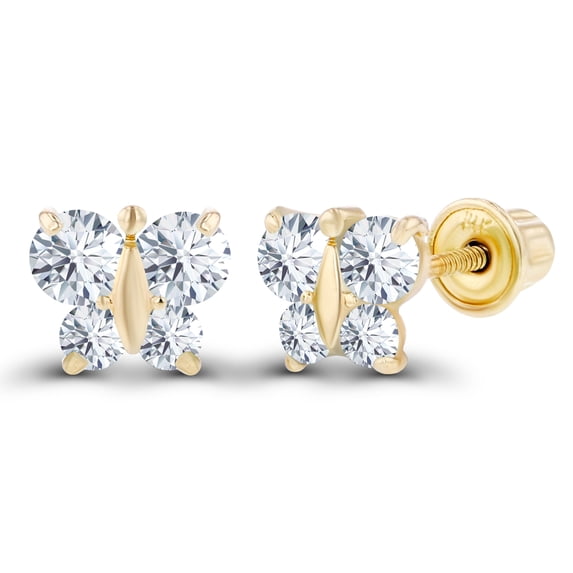 Decadence Solid 14K Yellow Gold 2mm & 2.50mm Created White Sapphire Birthstone Screwback Stud Earrings For Women | 5mm Butterfly | 14K Gold Natural or Created Screwback Earrings For Women and Girls