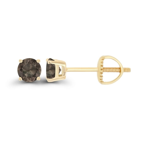 Decadence Solid 14K Yellow Gold 4mm Round Natural Smoky Quartz June Birthstone Screwback Stud Earrings