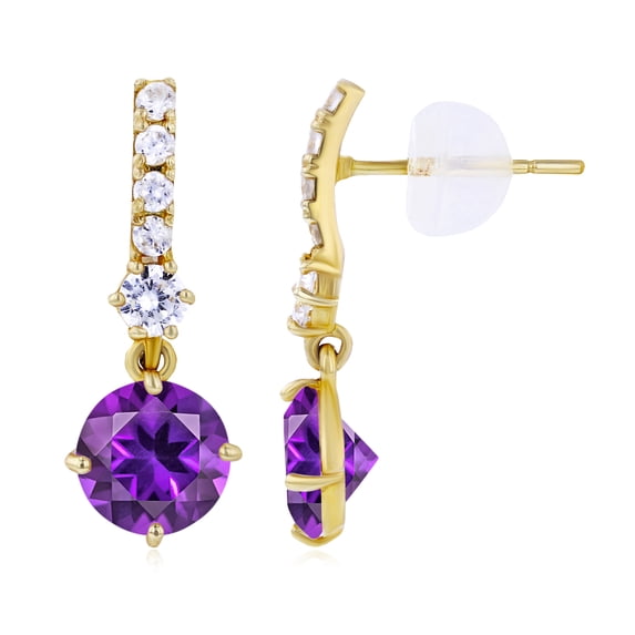 Decadence Solid 14K Yellow Gold 6mm Natural Purple Amethyst February Birthstone Dangling Stud Earrings For Women & 1mm Created White Sapphire Bridal Dangling Earrings For Women