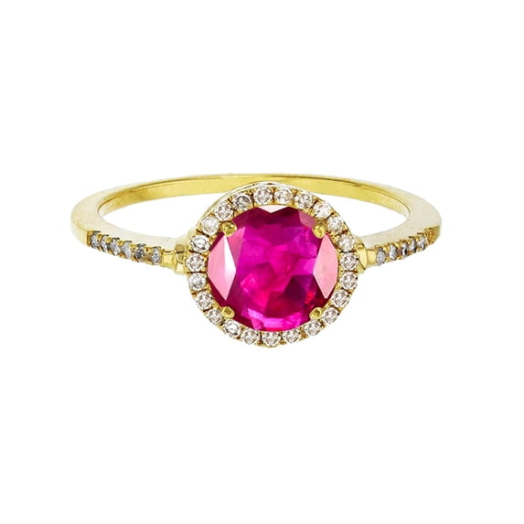 Decadence Solid 14K Yellow Gold 7mm Round Genuine Ruby July Birthstone & 0.18 CTTW Diamond Halo Ring | 14K Gold Ruby Ring For Women, Size-7