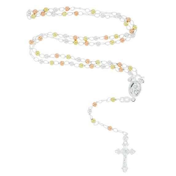 Decadence Solid Sterling Silver Tricolor 3mm Italian Virgin Mary Rosary Bead Cross Necklace | Made In Italy | 925 Sterling Silver Rosary Y Necklace Chain for Women And Men, 18" Inches