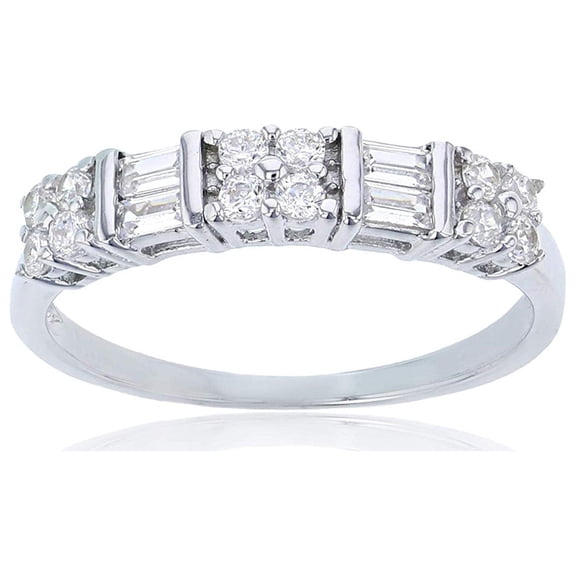 Decadence Sterling Silver Alternating Baguette & Round Cut Cubic Zirconia Anniversary Band Ring | Simulated Diamond Flawless VVS Cubic Zirconia | Sizes 6-9 | Wedding Anniversary Band | Size 7