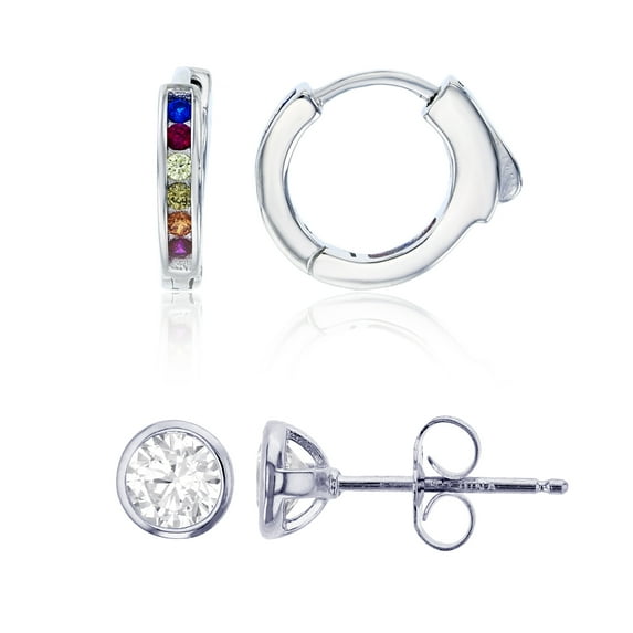Decadence Sterling Silver Rhodium 12x3mm Pave Multi Color One-Row Channel Set Huggie & 4mm Round Bezel Stud Earring Set