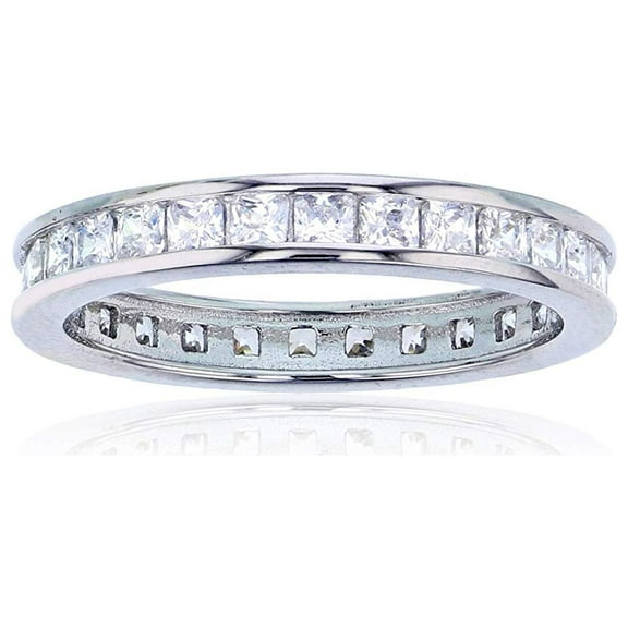Decadence Sterling Silver Rhodium 3.30mm Princess Cut Channel Set Cubic Zirconia Eternity Band Stackable Ring