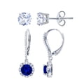 thumbnail image 1 of Decadence Sterling Silver Rhodium 6mm Sapphire Cubic Zirconia Flower Leverback & 5mm Round Solitaire Stud Earring Set, 1 of 4