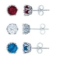 thumbnail image 1 of Decadence Sterling Silver Rhodium 6mm White, Ruby & Swiss Blue Round Cut Cubic Zirconia Crown Setting Solitaire Stud Earring Set, 1 of 3