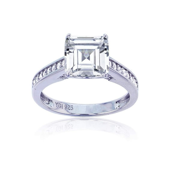 Decadence Sterling Silver Rhodium 8mm Asscher Cut Cubic Zirconia Engagement Ring