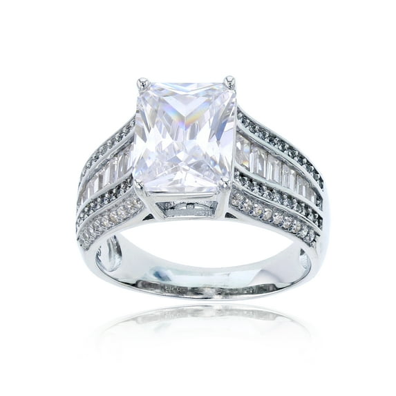 Decadence Sterling Silver Rhodium 8x10mm Radiant Cut Multi Row Cubic Zirconia Sides Ladies Ring