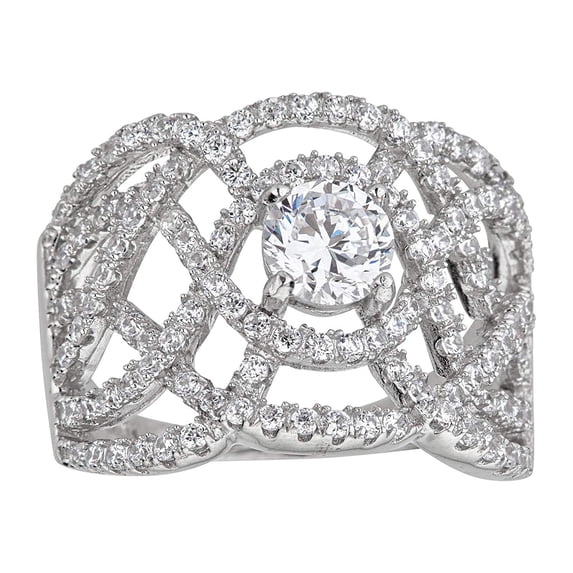 Decadence Sterling Silver Rhodium Lattice Cocktail Fashion Cubic Zirconia Ring