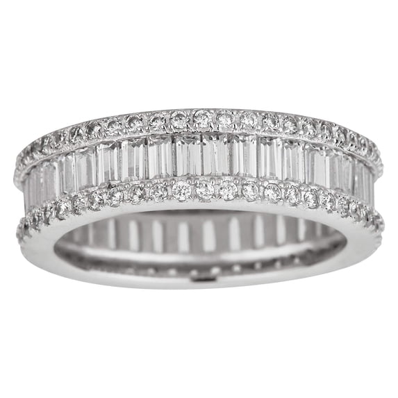 Decadence Sterling Silver Rhodium Round and Baguette Cut Eternity Ring