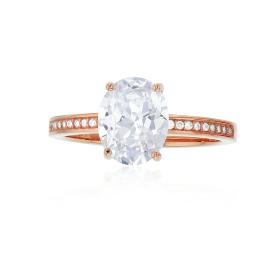 Decadence Sterling Silver Rose 10x8mm Oval Cubic Zirconia Paved Sides Engagement Ring