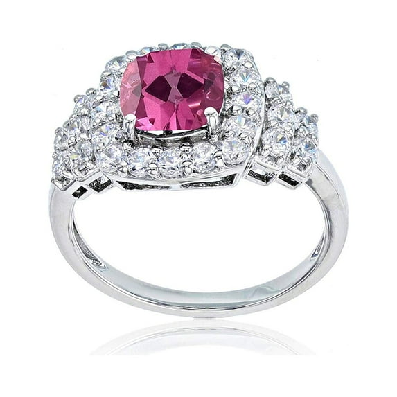 Decadence Sterling Silver Rose 7mm Cushion Gemstone & Round Created White Sapphire Ring