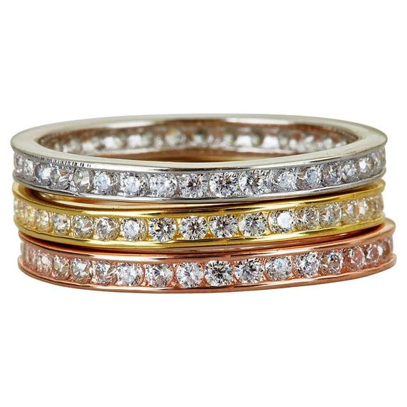 Decadence Sterling Silver Tricolor Round Channel Set Stack Cubic Zirconia Ring