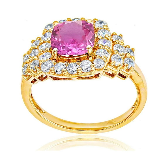 Decadence Sterling Silver Yellow 7mm Cushion Gemstone & Round Created White Sapphire Ring
