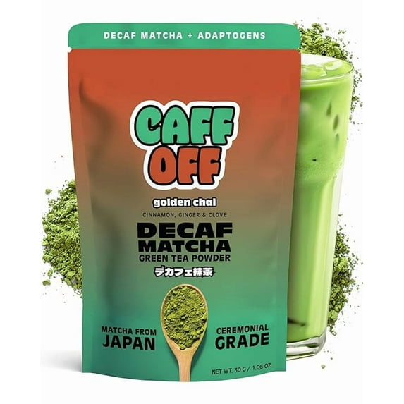 Caff Off Decaf Chai Matcha Green Tea Powder From Japan – 1.06 oz / 30 g – With Real Ground Chai Adaptogen - Ceremonial Grade & Sugar-Free – No Fillers or Milk Powders