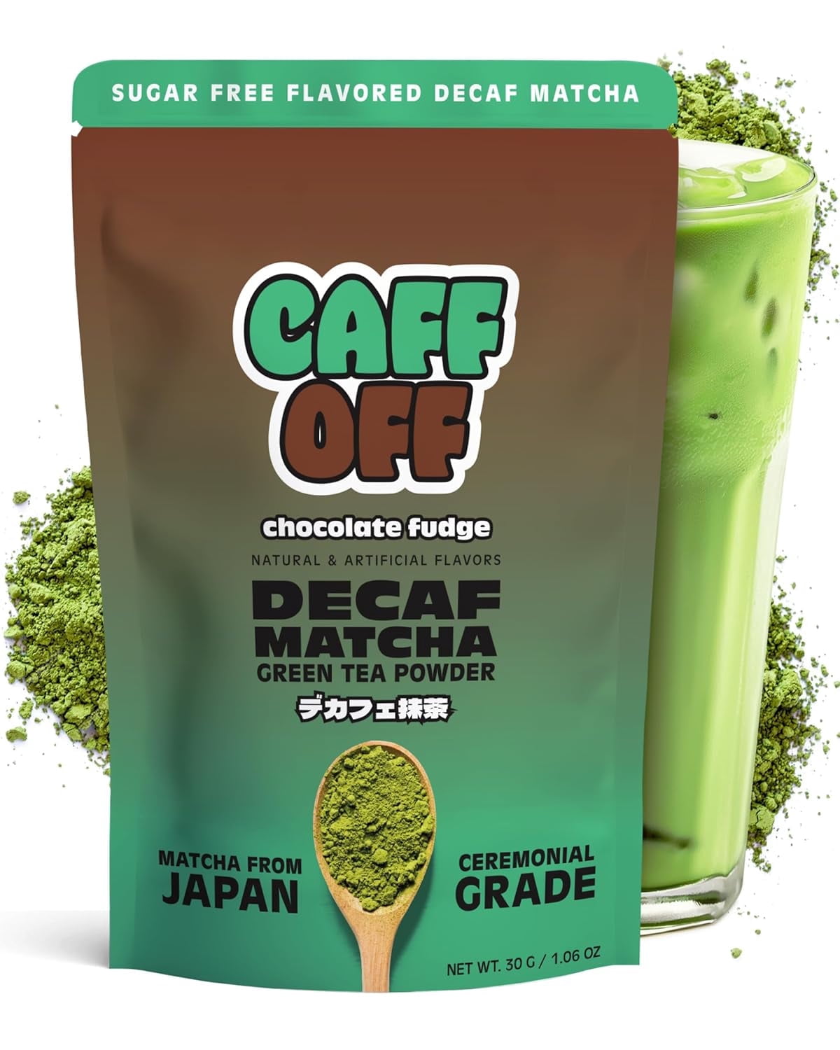 Caff Off Decaf Chocolate Matcha Green Tea Powder From Japan – 1.06 oz / 30 g – Ceremonial Grade & Sugar-Free – No Fillers or Milk Powders – Naturally Decaffeinated Without Chemicals