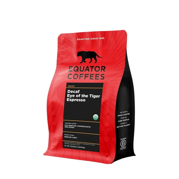 Decaf Eye of the Tiger Espresso - Roasted by Equator Coffees - Whole Bean Coffee - 12 Ounce Bag