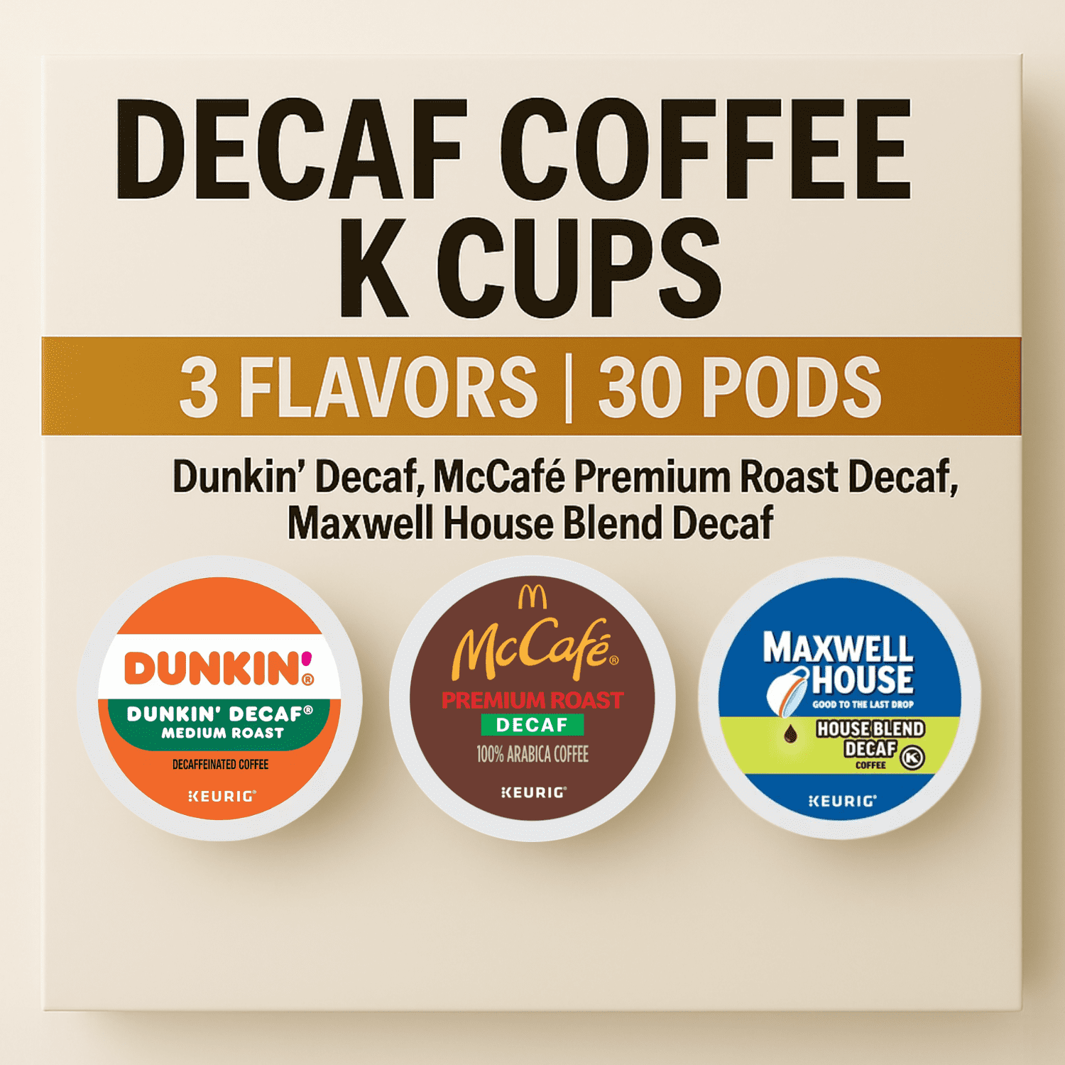Decaf K-Cups 30pc Variety Pack: Dunkin, McCafe Arabica, Maxwell House Blend with Coffee Recipe eBook