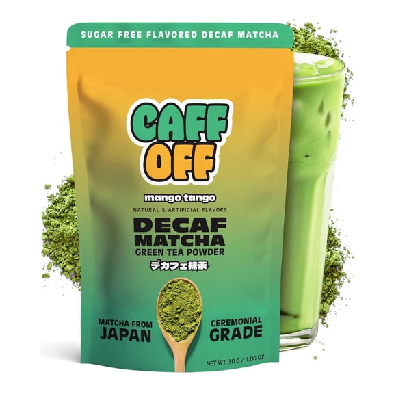 Caff Off Decaf Mango Matcha Green Tea Powder From Japan 1.06 oz / 30 g Ceremonial Grade & Sugar-Free - No Fillers or Milk Powders Naturally Decaffeinated Without Chemicals