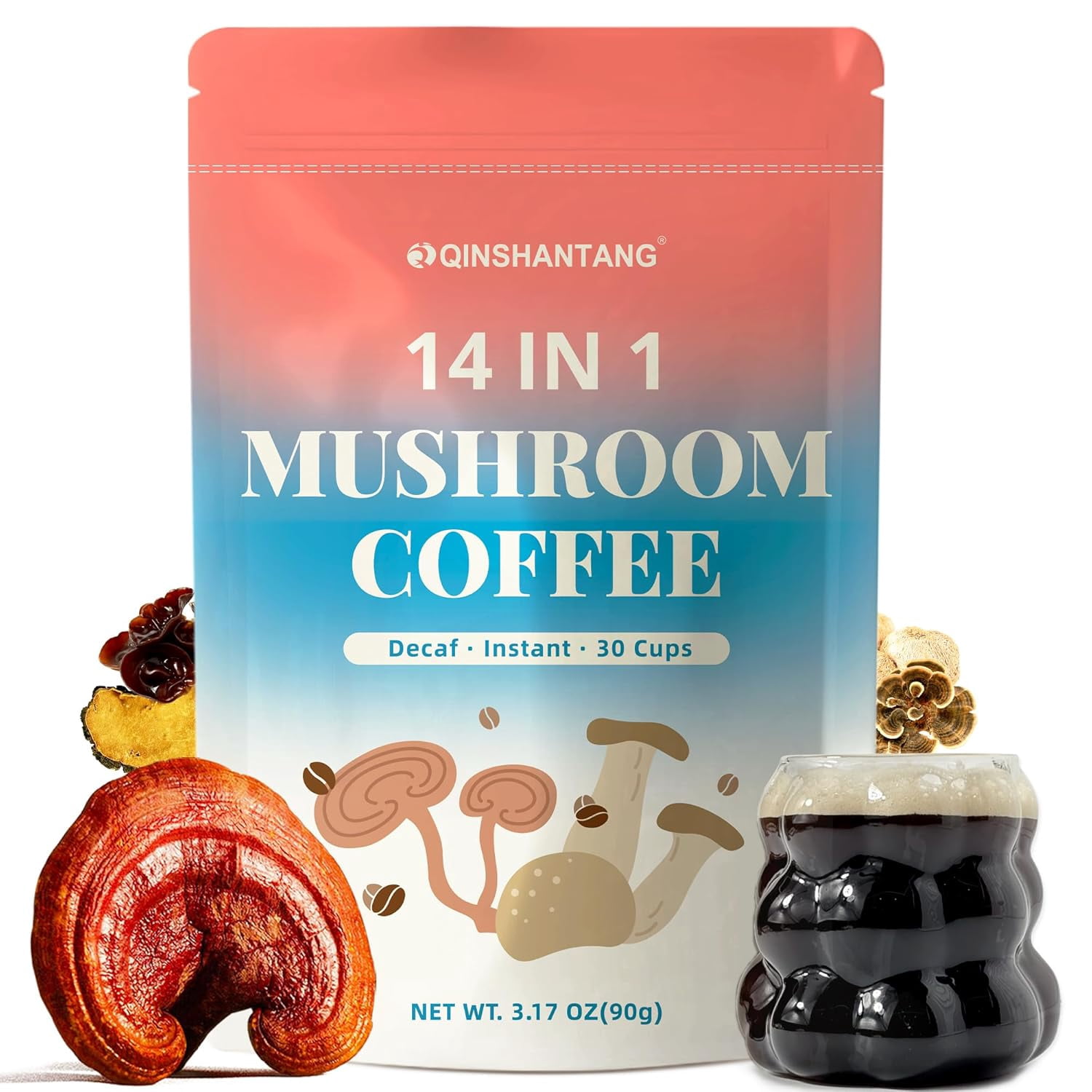Decaf Mushroom Coffee, Instant Coffee Mix, 30 Servings | Sugar-Free, Decaffeinated Coffee Powder Blend | 14 Mushroom Extract for Immune Support & Focus, 3.2 OZ