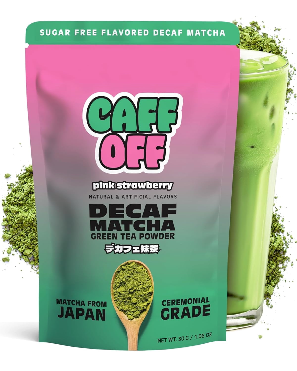 Caff Off Decaf Strawberry Matcha Green Tea Powder From Japan – 1.06 oz / 30 g – Ceremonial Grade & Sugar-Free – No Fillers or Milk Powders – Naturally Decaffeinated Without Chemicals