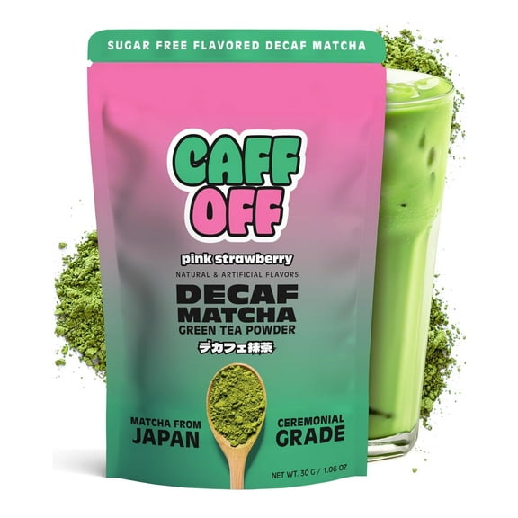 Caff Off Decaf Strawberry Matcha Green Tea Powder From Japan  1.06 oz / 30 g  Ceremonial Grade & Sugar-Free  No Fillers or Milk Powders  Naturally Decaffeinated Without Chemicals